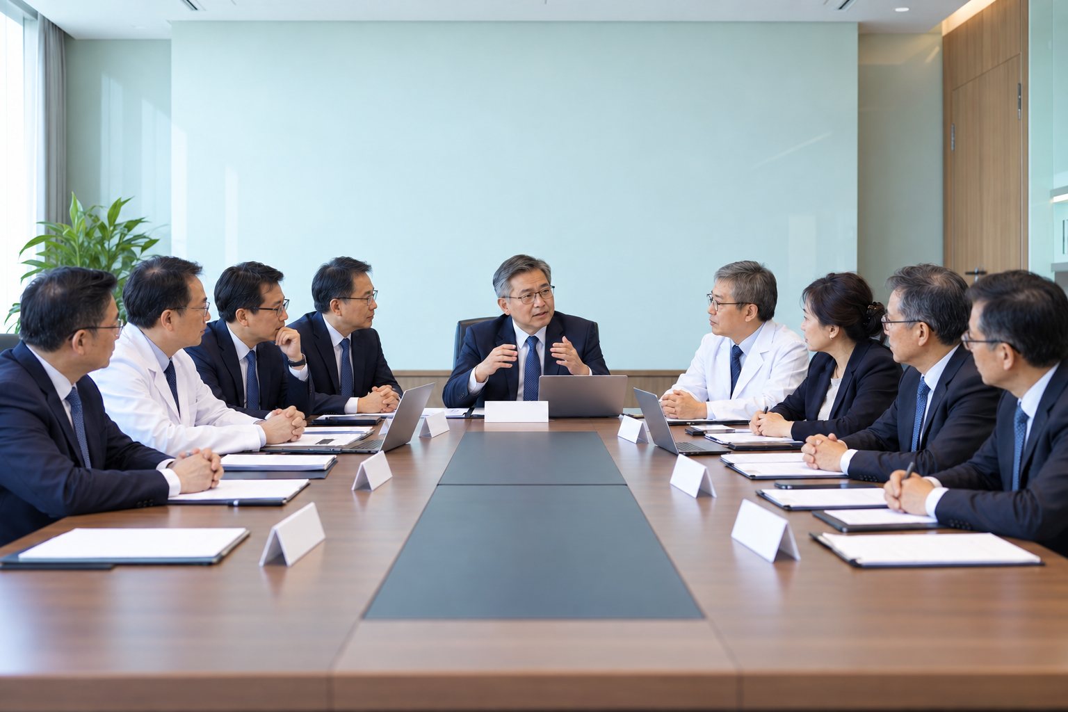 理監事在會議室長桌兩側開會,主席在桌首發言(AI 生成示意)