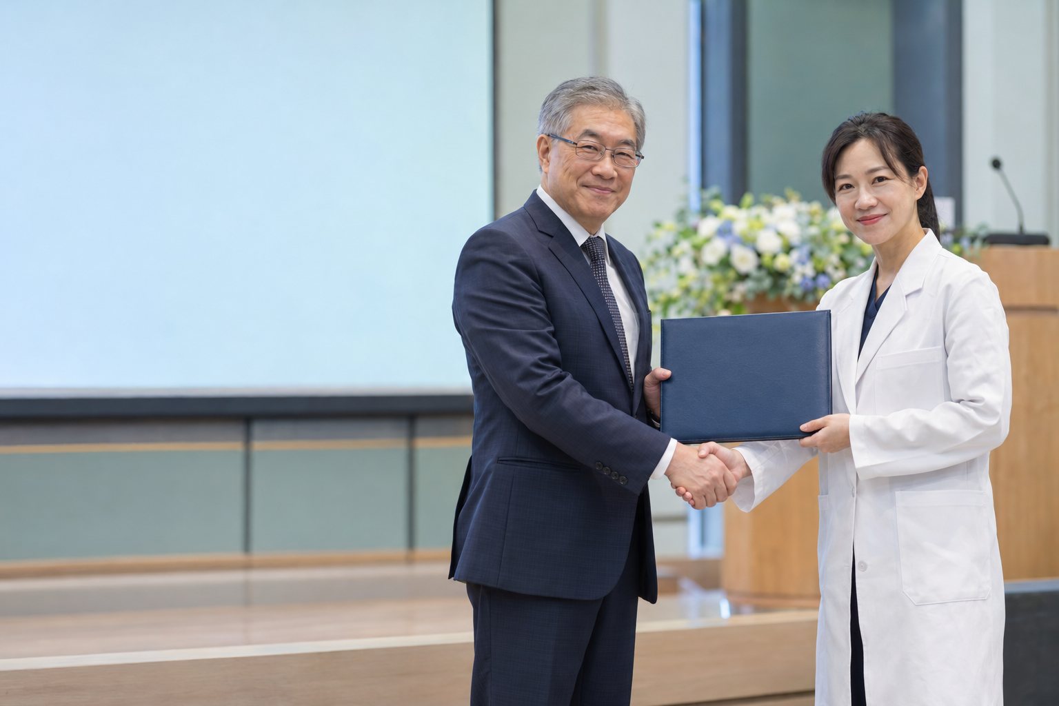 資深醫師與醫院中心主任握手,一起拿著深藍色證書夾(AI 生成示意)