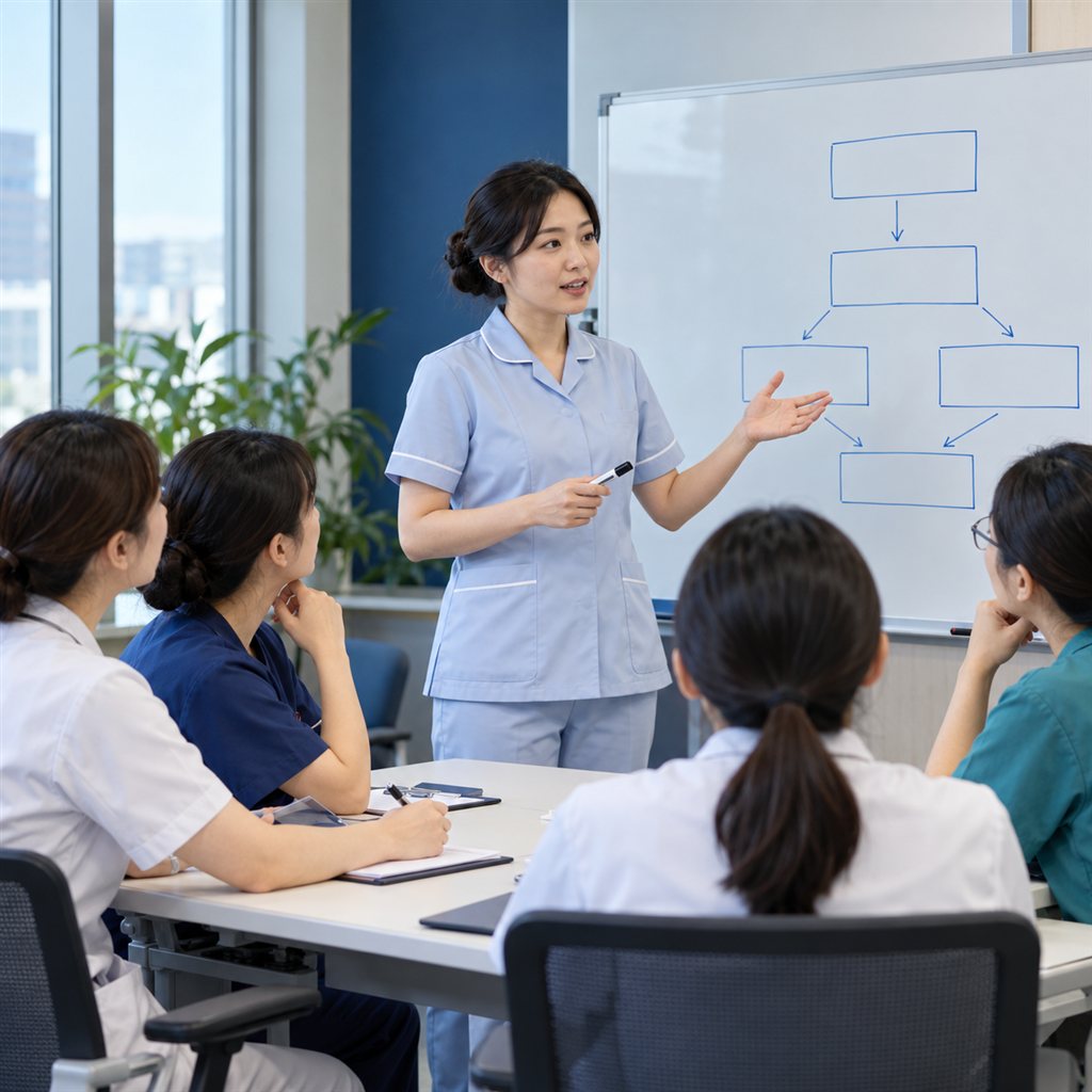 護理師在教學會議室的白板前,向同事講解照護流程(AI 生成示意)
