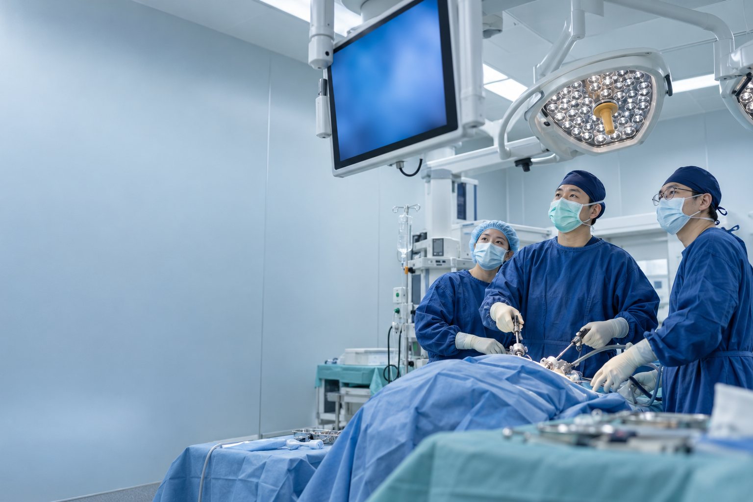 微創手術室裡,三位醫師專注看著腹腔鏡手術螢幕(AI 生成示意)