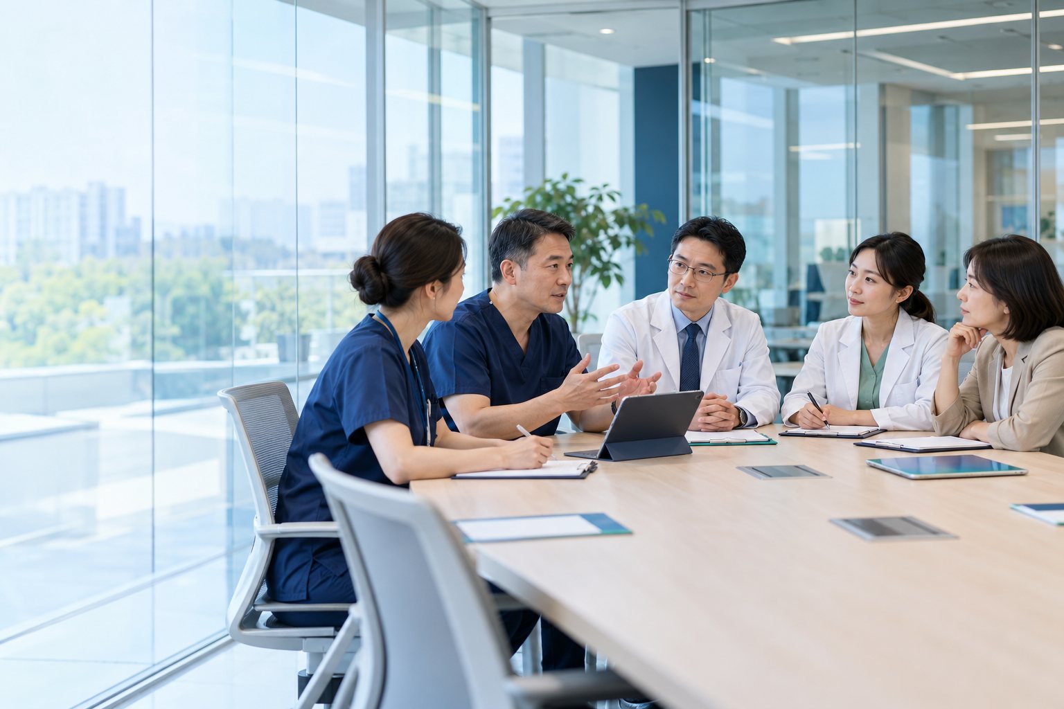醫師與醫療團隊圍桌開會討論(AI 生成示意)