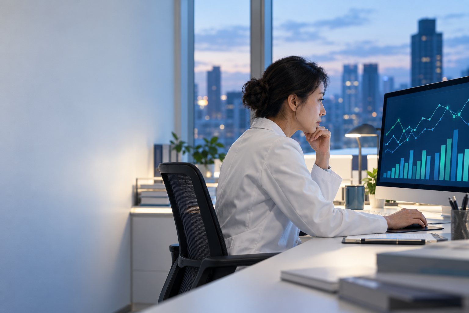 女醫師在螢幕前檢視資料(AI 生成示意)